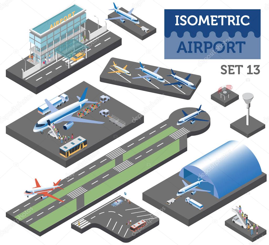 3d isometric airport and city map constructor elements isolated 