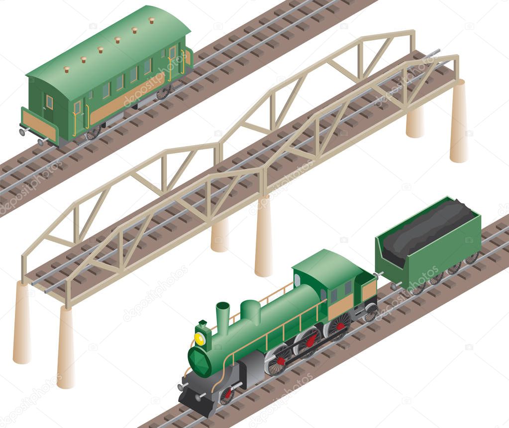 3d isometric retro railway with steam locomotive and carriages. 