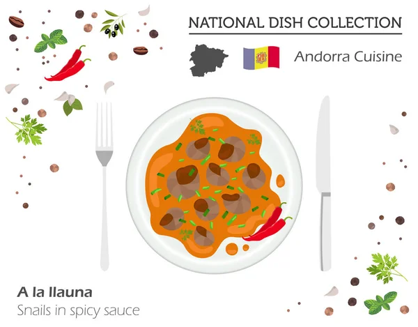 안도라 요리입니다. 유럽 국가 접시 컬렉션입니다. Sp에 달팽이 — 스톡 벡터