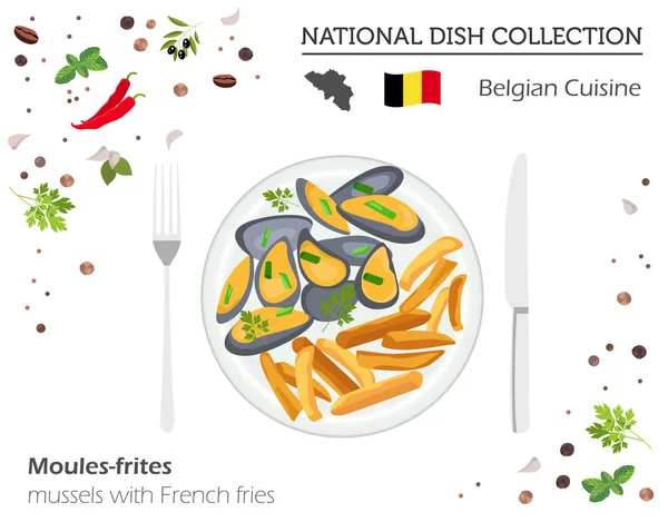 Cocina Belga. Colección de platos nacionales europeos. Mejillones con — Vector de stock