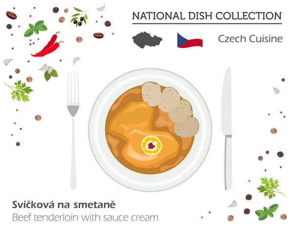 Cocina checa. Colección de platos nacionales europeos.Lomo de ternera — Vector de stock