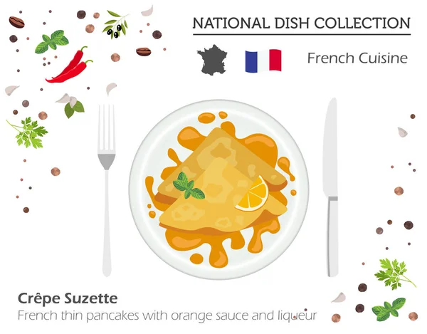 法国菜。欧洲国家菜肴收藏。法国薄 p — 图库矢量图片