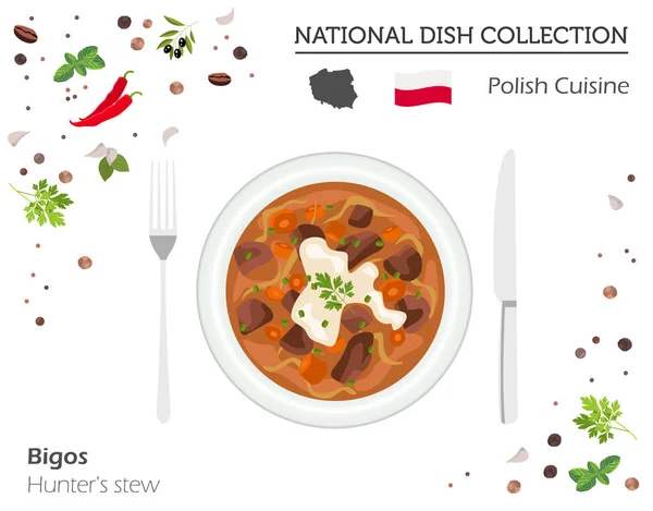 폴란드어 요리입니다. 유럽 국가 접시 컬렉션입니다. 사냥꾼의 스튜 — 스톡 벡터
