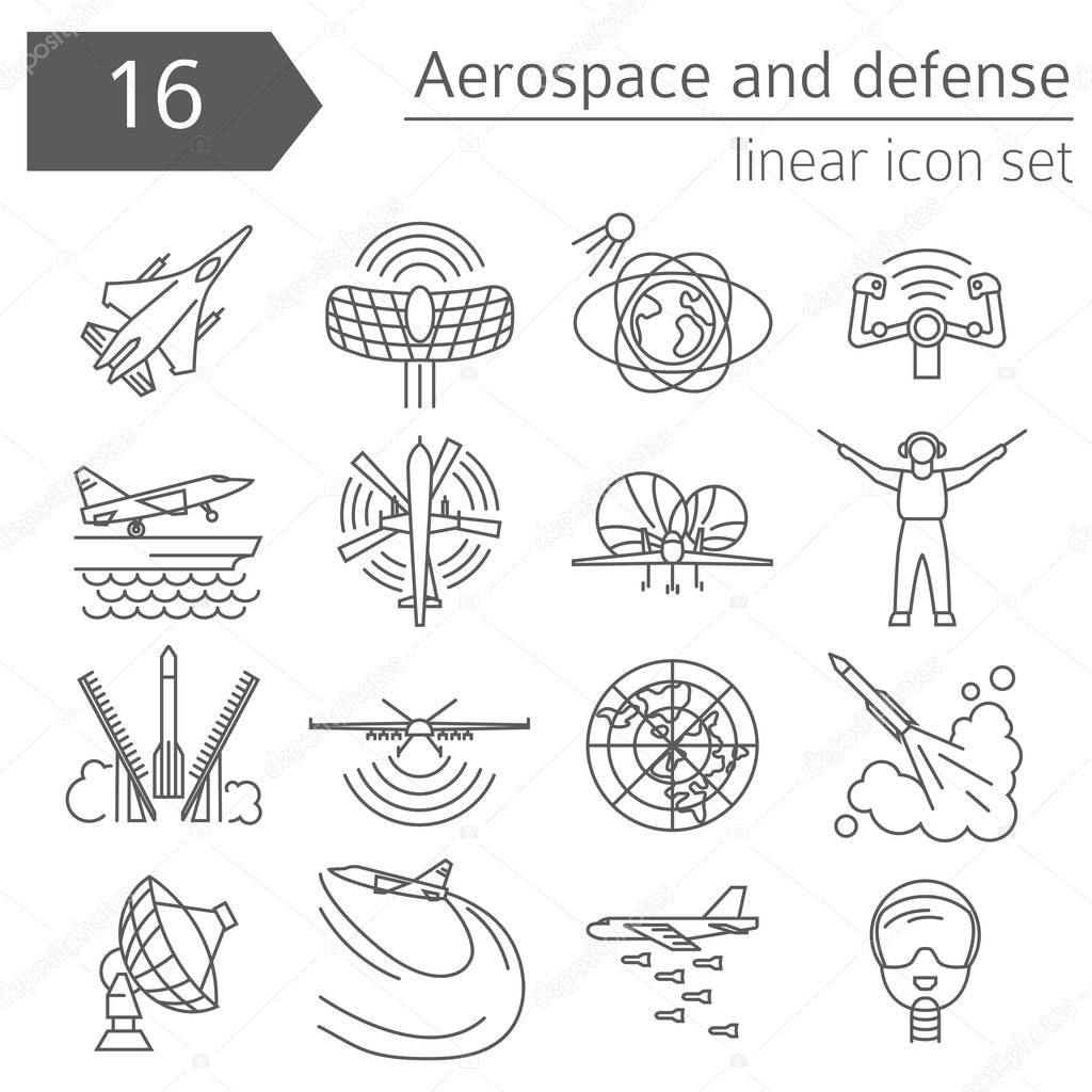 Aerospace and defense, military aircraft icon set. Thin line des