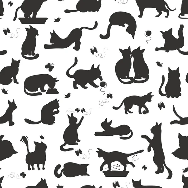 Personajes de dibujos animados gato patrón sin costuras. Posturas de gato diferentes , — Vector de stock