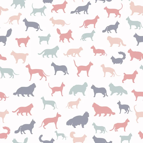 Gato razas icono conjunto de estilo plano patrón sin costuras. Silueta de dibujos animados — Vector de stock