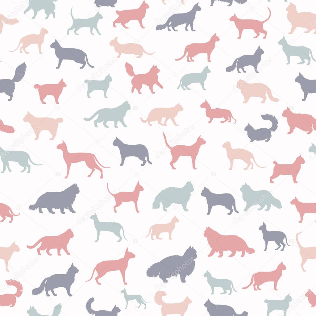 Cat breeds icon set flat style seamless pattern. Cartoon silhoue