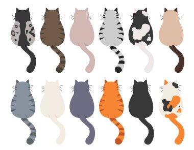 Kediler arkada poz verir. Kedi poposu. Düz tasarım clipart