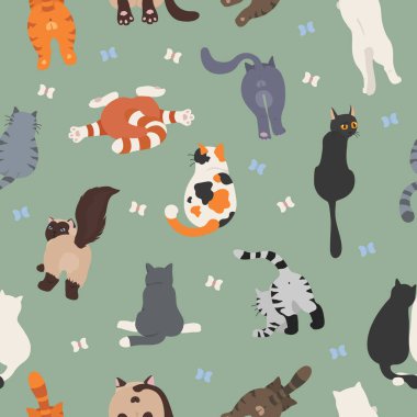 Kediler arkada poz verir. Kedi poposu. Düz tasarım kusursuz desen