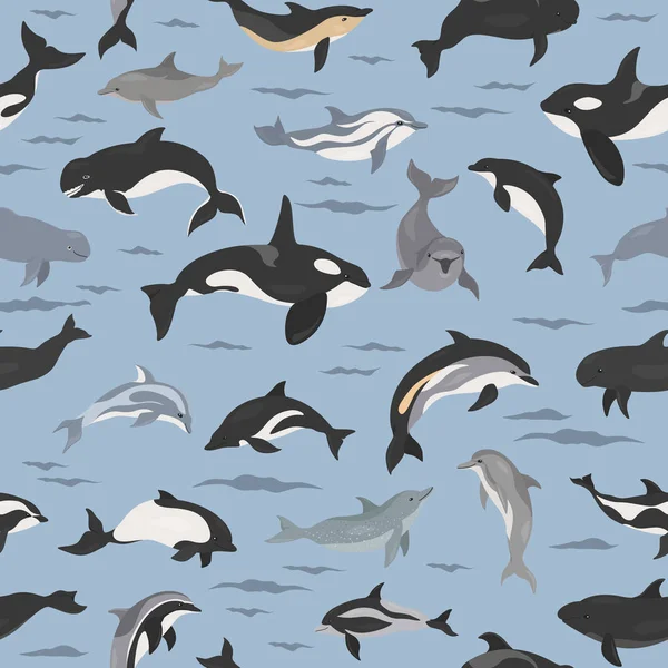 Modèle sans couture de dauphins. Collection de mammifères marins. Caricature fl — Image vectorielle