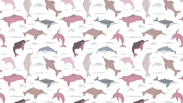 River dolphins seamless pattern. Marine mammals collection. Cart — Stock Vector