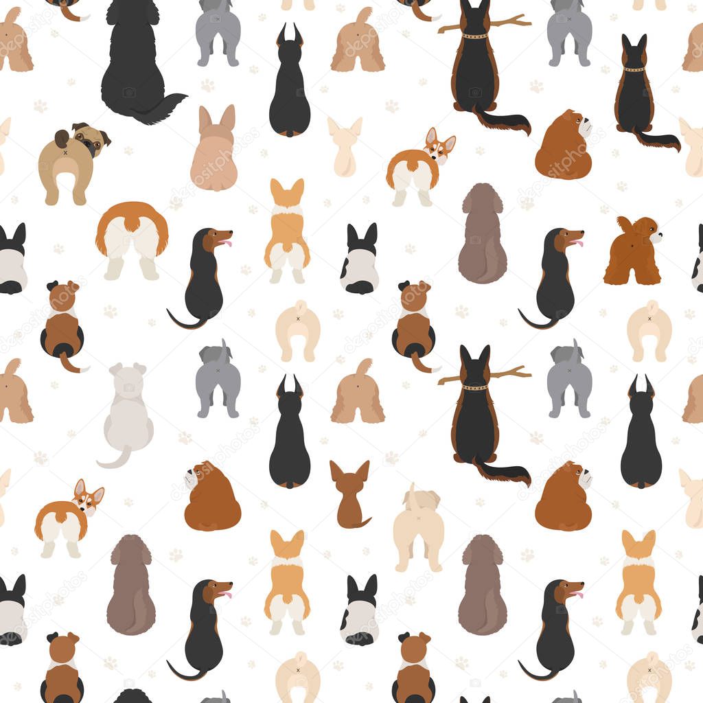 Dog poses behind. Dog`s butts. Flat design seamless pattern