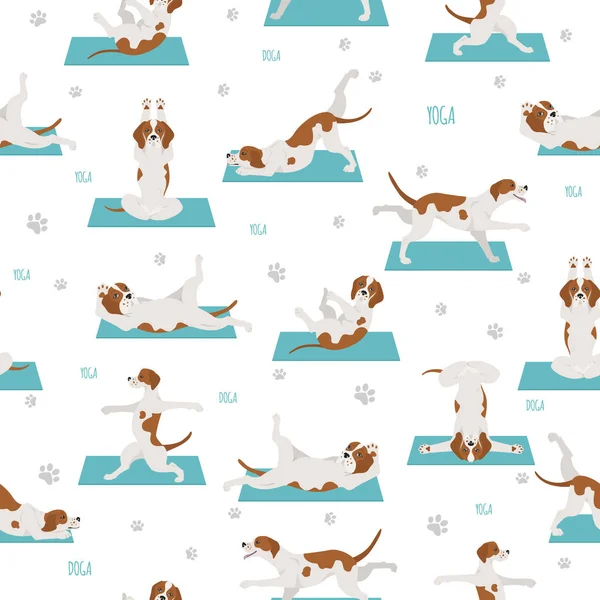 Perros de yoga plantea y ejercicios de diseño de patrón sin costuras. Inglés p — Vector de stock