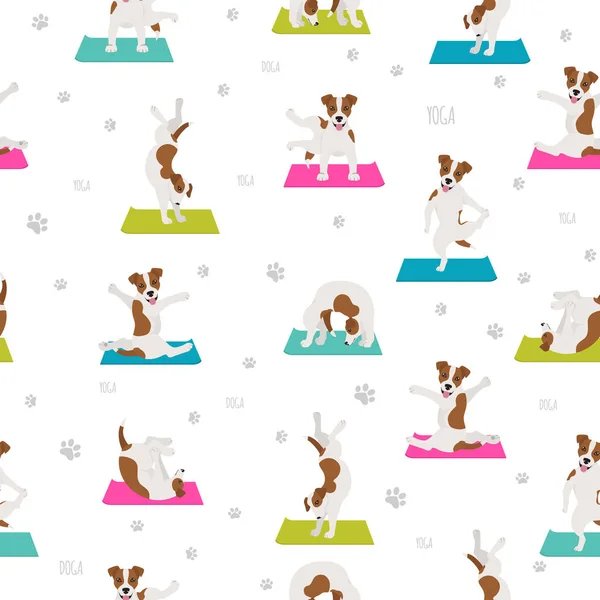 Cães de ioga poses e exercícios sem costura design padrão. Jack Russ. — Vetor de Stock