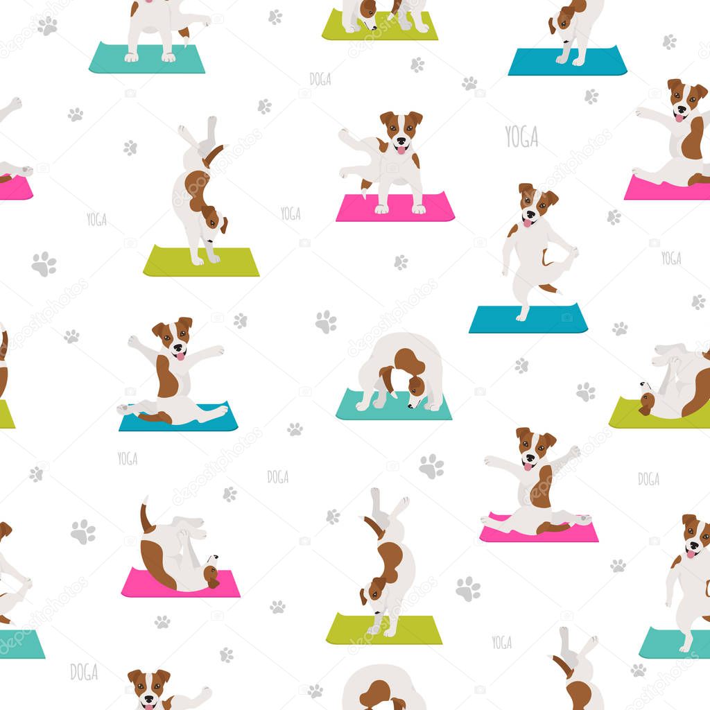 Yoga dogs poses and exercises seamless pattern design. Jack Russ