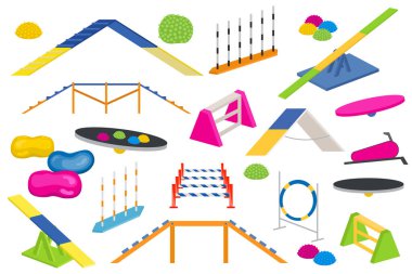 Köpek parkı ekipmanları hazır. Renkli düz köpek tasarımı. Vektör illüstrasyonu