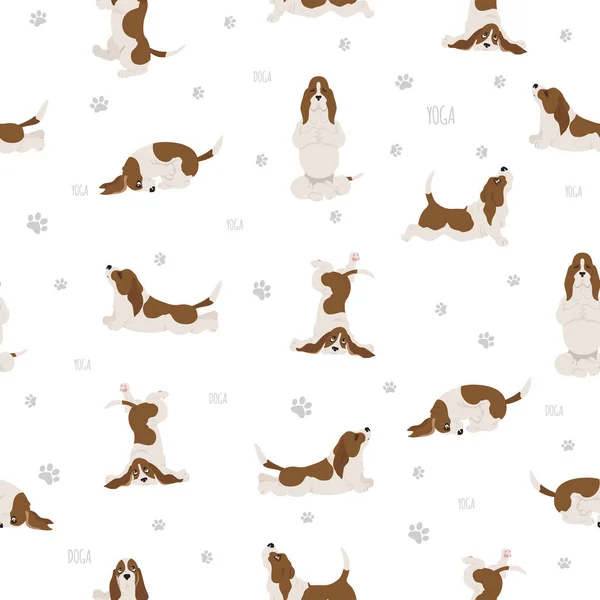 Yoga Hunde Posieren Und Üben Basset Hound Nahtloses Muster Vektorillustration — Stockvektor