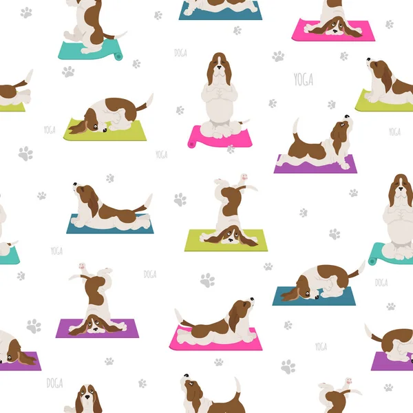 Perros Yoga Poses Ejercicios Patrón Sin Costuras Basset Hound Ilustración — Vector de stock