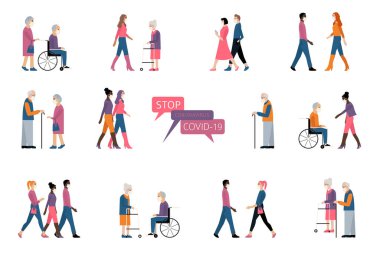 Birçok farklı yaş ve milli insanlar tıbbi maske takıyor. Karantina, koronavirüs salgını tasarım konseptini durdur. Vektör illüstrasyonu