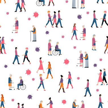 Birçok farklı yaş ve milli insanlar tıbbi maske takıyor. Karantina, koronavirüs salgını tasarım konseptini durdur. Vektör illüstrasyonu