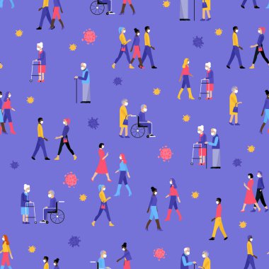 Birçok farklı yaş ve milli insanlar tıbbi maske takıyor. Karantina, koronavirüs salgını tasarım konseptini durdur. Vektör illüstrasyonu