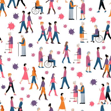 Birçok farklı yaş ve milli insanlar tıbbi maske takıyor. Karantina, koronavirüs salgını tasarım konseptini durdur. Vektör illüstrasyonu