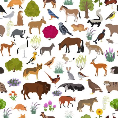 Ilıman ve kuru bozkır biyomu, doğal bölge pürüzsüz desen. Prarie, steppe, çayırlar, pampalar. Karasal ekosistem dünya haritası. Hayvanlar, kuşlar ve bitkiler ekosistem dizaynı. Vektör illüstrasyonu