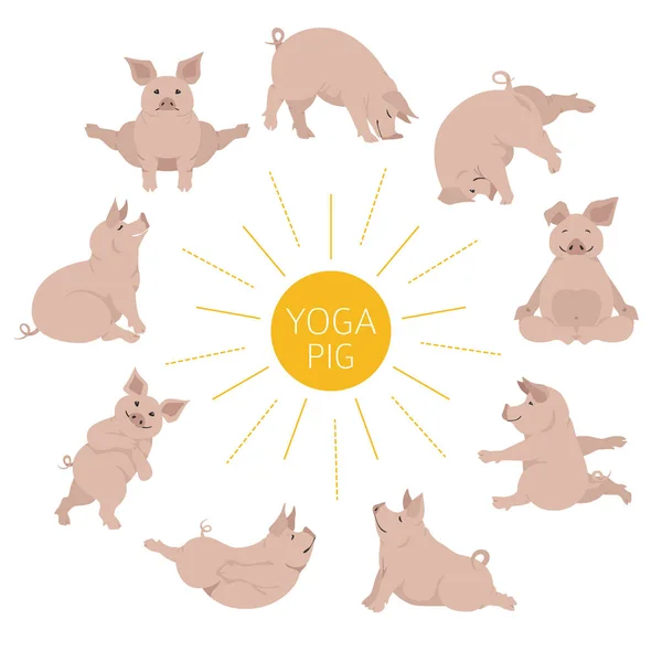 Des Poses Yoga Porc Des Exercices Mignon Jeu Cliparts Dessin — Image vectorielle