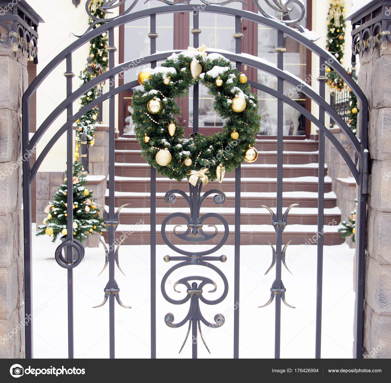 Traditional Christmas Wreath With Green Fir Tree Twigs And Golden