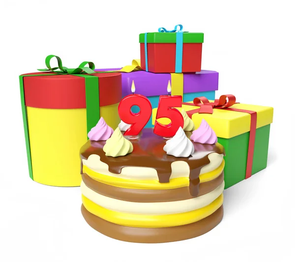 Bright cake for birthday with a burning candle as a number Ninety Five and gift boxes on white background. 3D illustration