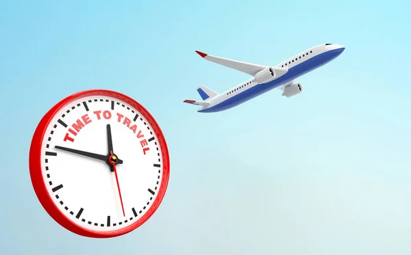 Time to travel. A clock showing time and a plane flying high in the sky. 3D illustration