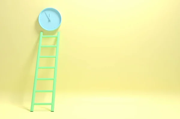 Clock hanging on the wall and a ladder leans to it. 3D illustration