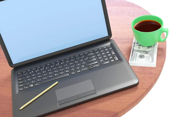 Earning in the Internet. A laptop with a dollar banknotes and a cup of coffee on the desk. 3D illustration