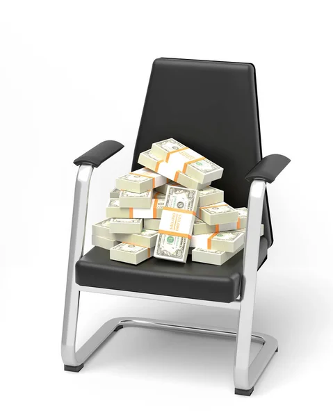 Heap of new dollar wads lies on a black armchair. 3D illustration