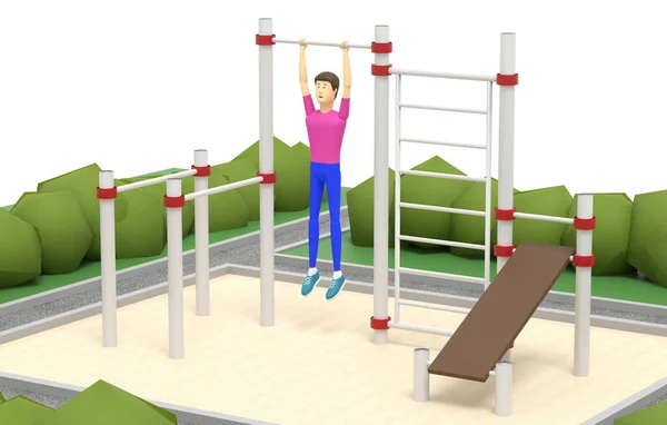 Young man is hanging on a horizontal bar at a sports ground outdoors. 3D illustration