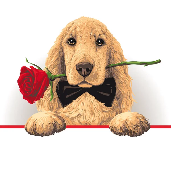 Cão com uma rosa vermelha — Vetor de Stock