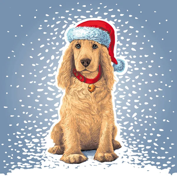 Chien assis dans le chapeau de Père Noël à côté du cadeau — Image vectorielle