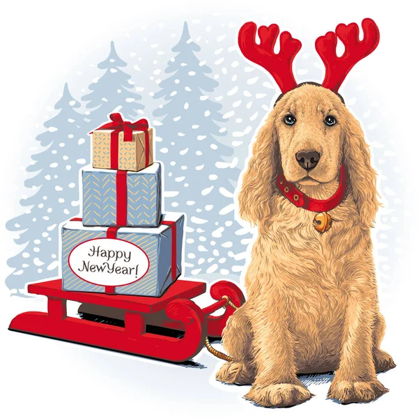 Perro sentado al lado del regalo — Vector de stock