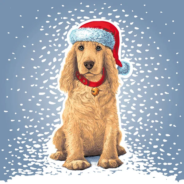 Το σκυλί κάθεται σε το καπέλο Santa δίπλα στο δώρο — Διανυσματικό Αρχείο