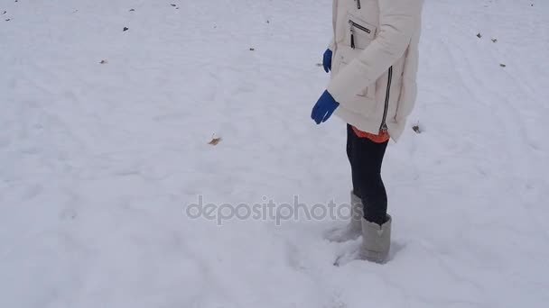 L'hiver. Fille heureuse en vêtements d'hiver jette la neige au sommet et aime applaudir — Video