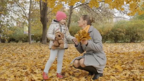 Mom and baby collect yellow fallen leaves in the park — Stock Video