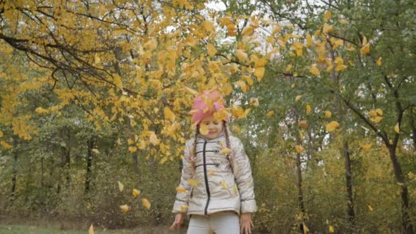 Fille jouer avec des feuilles d'automne — Video