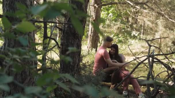 Liefdevol stel in het bos. Liefdevol stel dat elkaar aankijkt. — Stockvideo