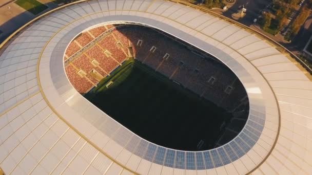 Fußball Sportstadion Luftaufnahme Modernes Stadion Luftaufnahmen Der Gestreiften Fußballplätze Goals — Stockvideo