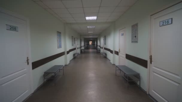 Hospital Empty Hall Corridor Cabinets Clinic Large Building Quarantine — Stock Video