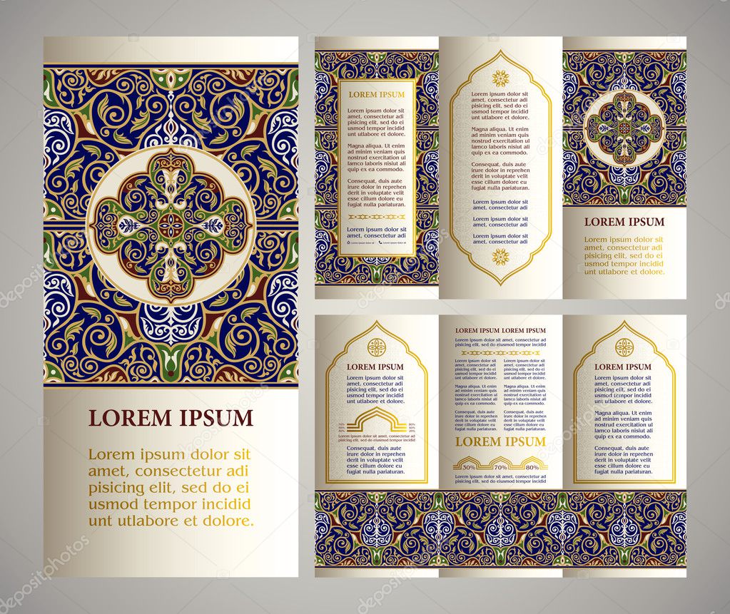 Vintage islamic style brochure and A4 flyer design, colored ornamental template with logo for design and decoration