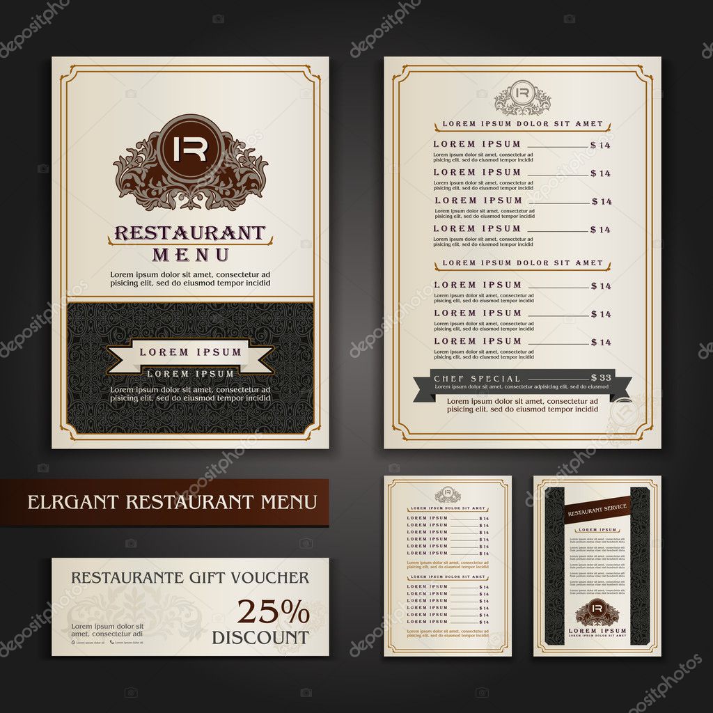 Vector Restaurant Menu Design, Brochure template with Logo, Symbol, Ornamental Elegant pages for food and drinks prices