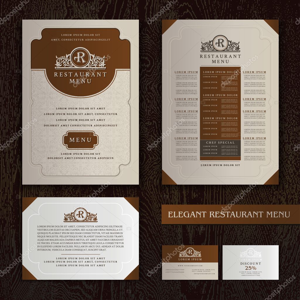 Vector Restaurant Menu Design, Brochure template with Logo, Symbol, Ornamental Elegant pages for food and drinks