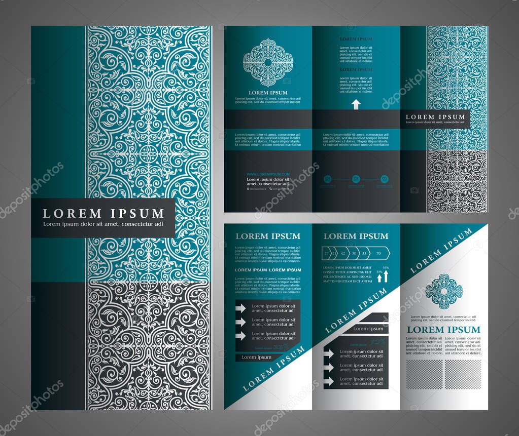 Brochure Vector Design, Flyer Creative Template, Trifold Blue Layout with Islamic Style Ornaments and Logo