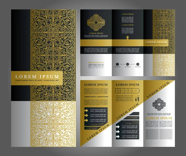 Brochure Vector Design, Flyer Creative Template, Trifold God Layout con Ornamenti in stile islamico e logo — Vettoriale Stock
